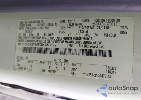 2016 Ford Transit-350 Xlt из США, поврежденный, VIN 1FBZX2YM5GKA53592